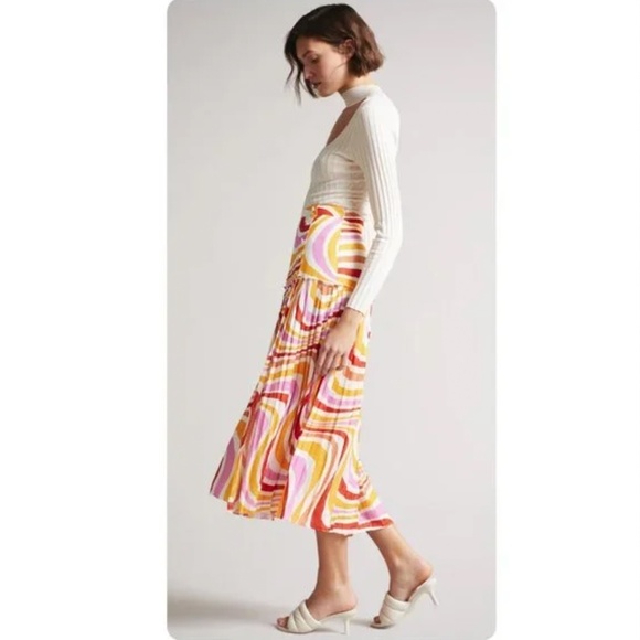 NWT Ted Baker Faidi Dropped Waist Pleated Retro Allover Print Midi Skirt 0/US 2 - Picture 2 of 16